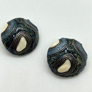 Vintage Blue Enamel Dome Studs Abstract Swirl Marbled 1980s Retro Statement 7/8"